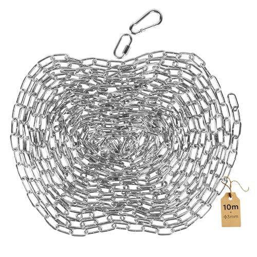 SWAWIS 10m Stahlkette aus Kohlenstoffstahl 3mm Starke Gliederkette mit M3 Karabinerhaken und Schnellverschlussringe Oberfläche Verzinkt Metallkette für Hundekette Absperrketten Lampenkette(Silber)