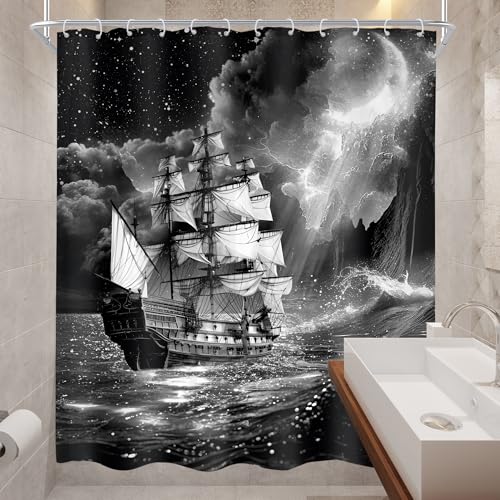 Cinbloo Black and White Beach Shower Curtain 60Wx72H Ocean Coastal Sailboat Bathroom Curtain Set Moon Clouds Nautical Bath Curtain Fantasy Starry Night Sky Bathroom Decor Cloth Fabric with 12 Hooks - Image 4