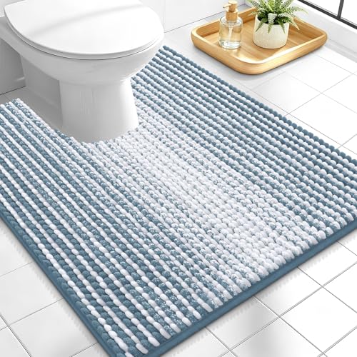 Image of OLANLY Toilet Rugs U-Shaped 24x20, Chenille Contour Bath Mat, Airy Blue