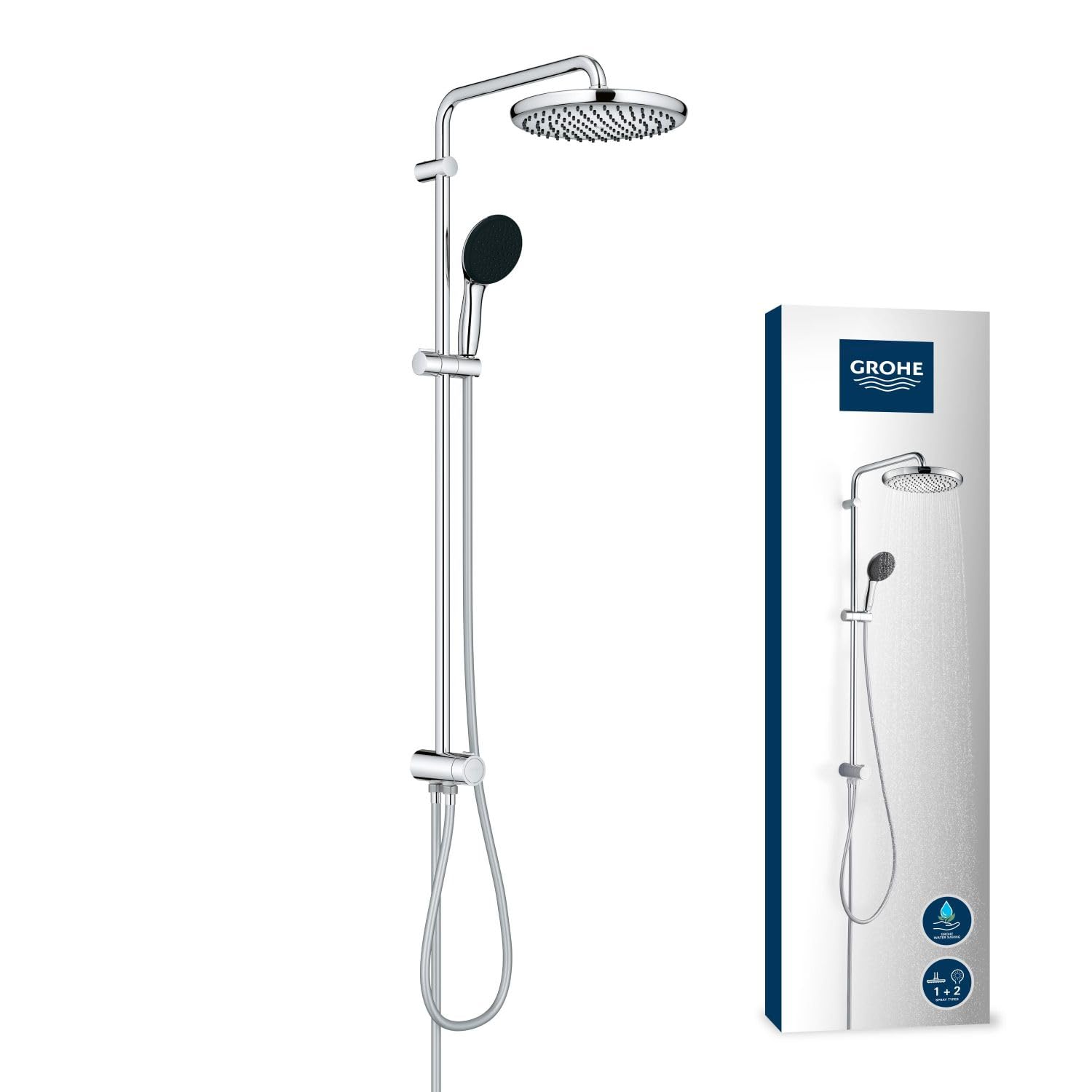 GROHE Vitalio Start 250 Flex - Shower System with Diverter (Round 25 cm Head Shower 2 sprays: Rain & SmartRain, Round 11 cm Hand Shower 2 Sprays: Rain & Jet, 2 Hoses, Water Saving), Chrome, 26989001