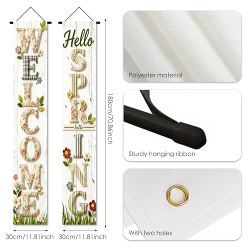 Image of Nuxovilar Welcome Spring Plaid Porch Banners 12x70 Inches Polyester