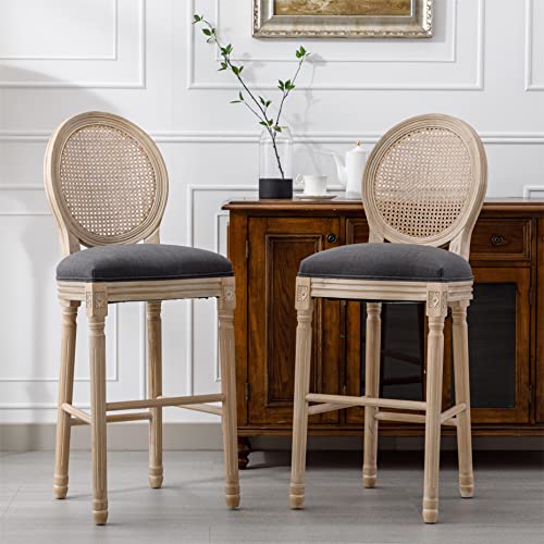 Solid-Wood-Bar-stools-Set-of-2-Classic-French-Country-Wooden-Barstools-with-Upholstered-Seating-30-Kitchen-Bar-Stool-for-High-Bar-Counter-Dark-Grey-Rattan-Back Solid Wood Bar stools Set of 2 Classic French Country Wooden Barstools with Upholstered Seating 30 Kitchen Bar Stool for High Bar Counter Dark Grey Rattan Back