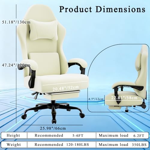 Massage Gaming Chair, Ergonomic Video Game Chair with Lumbar Support and Footrest, Height Adjustable Fabric Computer Chair with Pocket Spring Cushion (Beige)