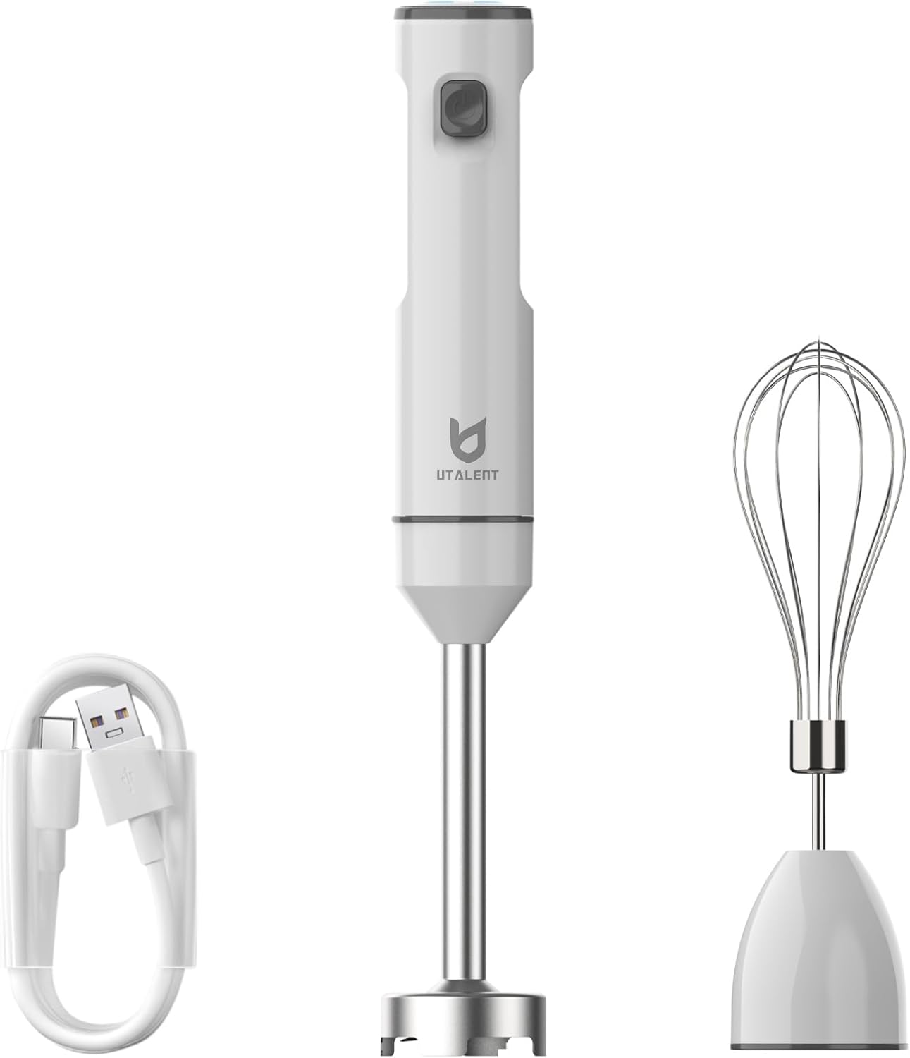 Cordless Hand Blender, UTALENT Variable Speed Immersion Blender handheld Rechargeable, with USB-C Charging Cable, Egg Whisk, for Smoothies, Milkshakes, Hummus and Soups – White Cordless Hand Blender, UTALENT Variable Speed Immersion Blender handheld Rechargeable, with USB-C Charging Cable, Egg Whisk, for Smoothies, Milkshakes, Hummus and Soups – White