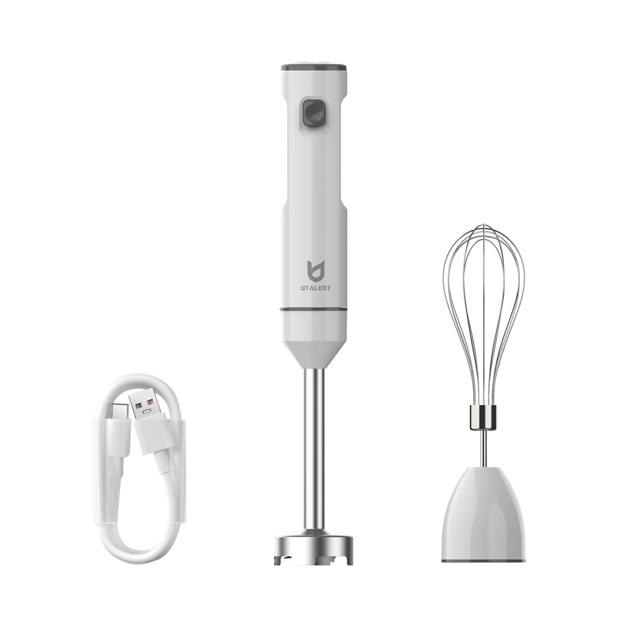 Cordless Hand Blender, UTALENT Variable Speed Immersion Blender handheld Rechargeable, with USB-C Charging Cable, Egg Whisk, for Smoothies, Milkshakes, Hummus and Soups – White