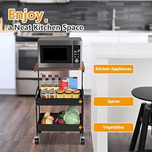 Rolling Cart with Wooden Tabletop 3 Tier Metal Utility Cart Rolling Storage Organizer Cart with Lockable Wheels for Kitchen Office Bedroom Black