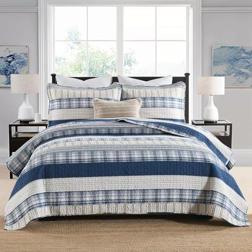 Image of Homzard Twin Comforter- Blue Twin Bedding Sets, Plaid Striped Twin Quilt, Blue White Tan Quilt 100% Cotton, Farmhouse Comforter Bedspread 2 Pieces