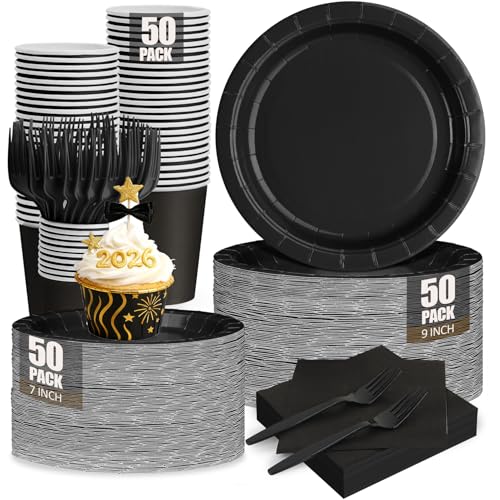 La Mejor Lista de Vajillas desechables del mes. 50 CENLBJ Platos y servilletas de papel negro, suministros para fiestas incluyen platos de fiesta negros, servilletas, vasos, tenedores, vajilla desechable para graduaciones, retiros,...