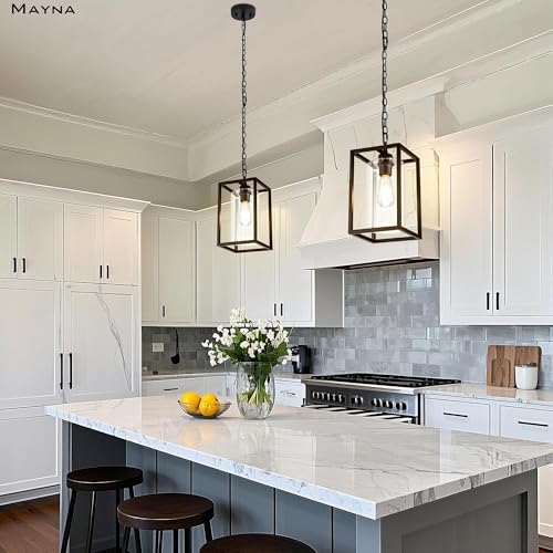 Image of MAYNA 1-Light Farmhouse Pendant Light, Black Metal Cage Light Fixtures with Adjustable Chain and Glass Shade,Hanging Lights for Kitchen Island,Porch,Hallway