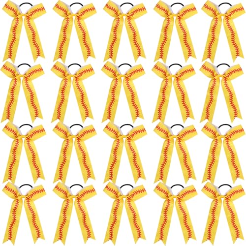 Hipcheer 20pcs Collegiate Style Softball Baseball Cheer Bows for Girls Long Tail Skinny Cheer Bow Ponytail Holder Handmade Bows for Girls Teens Softball Cheerleader Sports (Red Yellow)