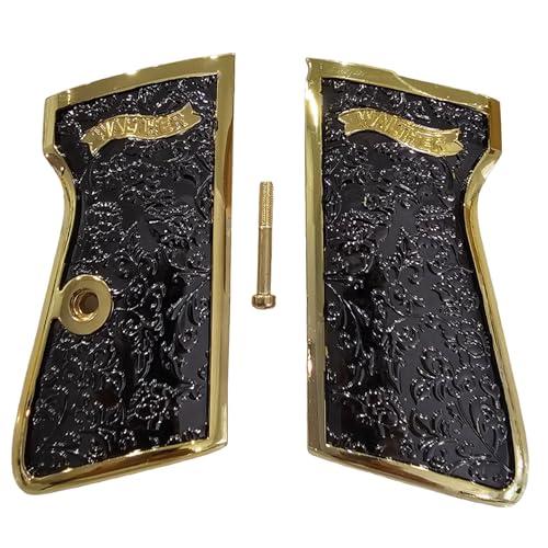 Custom Metal Grips for Walther PPK/PPK-S – Scroll Engraved Panels with Black Gold Polished Finish and Matching Screw