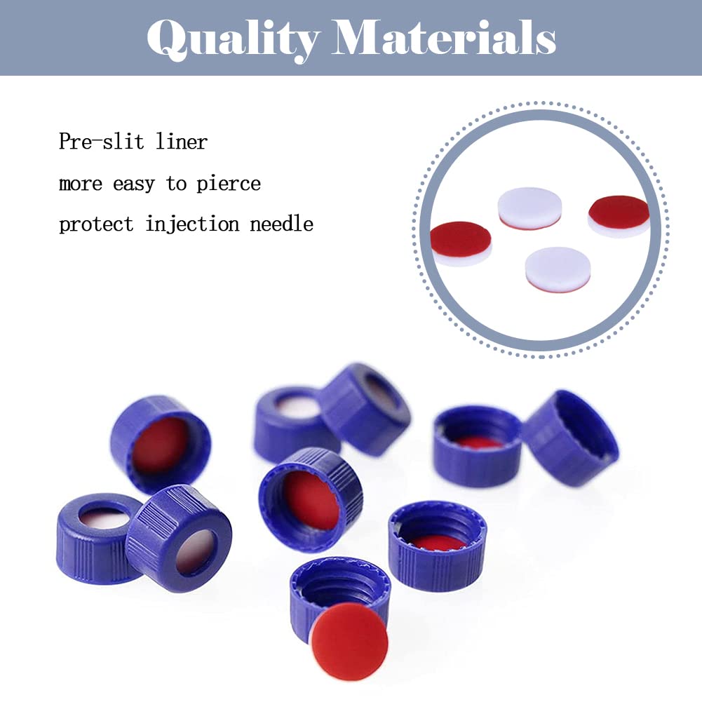 ALWSCI Tappo per Fiale Per Autocampionatore 9-425, Tappi a Vite In Polipropilene Blu da 9 Mm Con Setti In PTFE Rosso/Silicone Bianco, 100 Pezzi/Pz.
