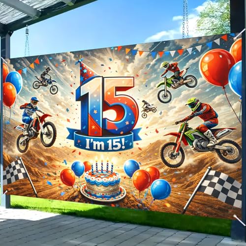 Image of Nuxovilar Happy 15th Birthday Banner Yard Sign 71 inchx43in Polyester Backdrop | Celebrate Party Supplies, Celebration Decor. Dirt Bike Birthday Party Decorations. Yard, Garage, Room. (Dirt Bike 15th)