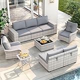 9 Piece Outdoor Wicker Rattan Sectional Sofa Set with Swivel Chairs, 7-Seats Conversation Set with 4" Thickened Cushions & Coffee Table, All-Weather PE Rattan for Garden, Backyard, Porch, Grey
