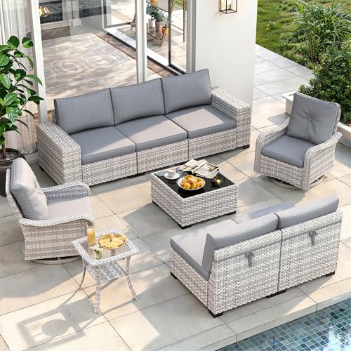 MAISON BACKYARDS 9-piece grey wicker patio set with 360-degree swivel chairs — the only set here where every seat turns to face the conversation