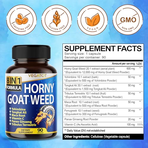 Vegatot 8 In 1 High Strength Horny Goat Weed 15,420Mg Concentrated Extract With Yohimbine Tongkat Ali Maca Root Fenugreek Boost Energy Stamina 3-Month Supply thumb #1