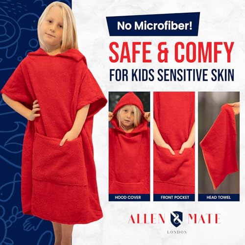 Image of ALLEN & MATE 100% Cotton Kids Hooded Surf Poncho Changing Robe, Quick Absorbent Wearable Swim Towel Boys & Girls, 6-13 Years