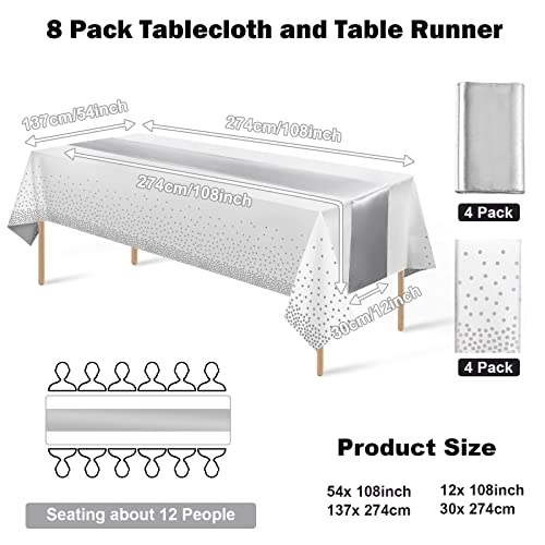 8Pack Disposable Plastic Tablecloths And Satin Table Runner Set White And Silver Dot Tablecloth Silver Satin Table Runner For Wedding Birthday Baby Shower Anniversary Christmas New Year Party Supplies #TOP1