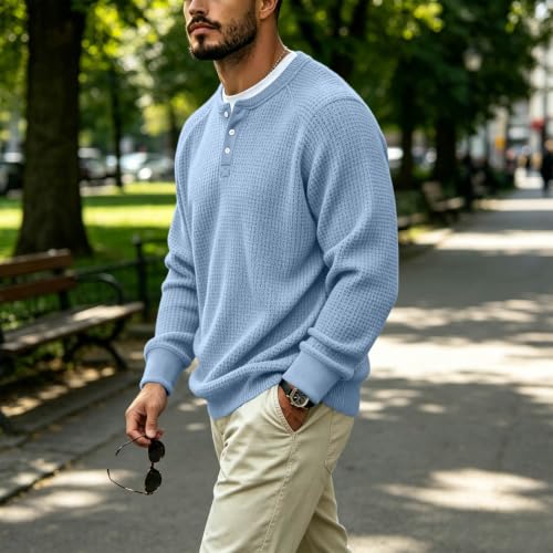 Mens Waffle Long Sleeve Shirt Slim Fit Henley Shirts Long Plus Size Tshirt - image 2