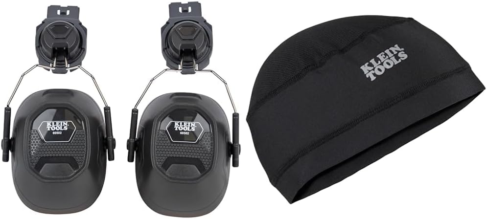 Klein Tools 60502 Earmuffs, Full Brim Hard Hat Attachment, 26dB Noise Protection & 60181 Cooling Helmet Liner, Under Hard Hat Cap with Mesh Fabric At Crown