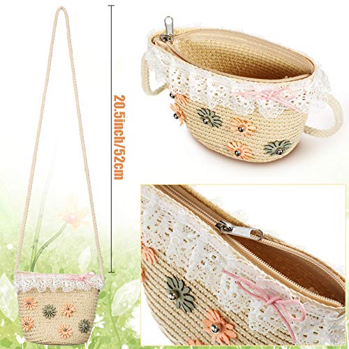 2 Sets Girls Straw Hat Kid Summer Beach Hats With Straw Woven Handbag For Outdoor Activities Khaki, Beige #TOP4