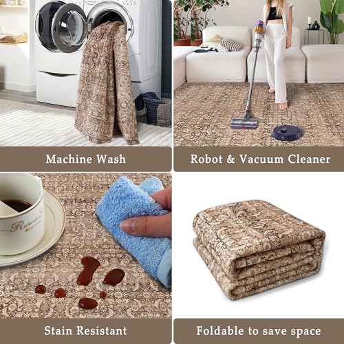 vivorug 5x7 Area Rugs - Ultra-Thin Washable Rug with Non-Slip Backing, Ideal for Living Room, Bedroom, Kitchen Floor Carpet - Vintage, Easy Clean, Durable, Sand/Antique