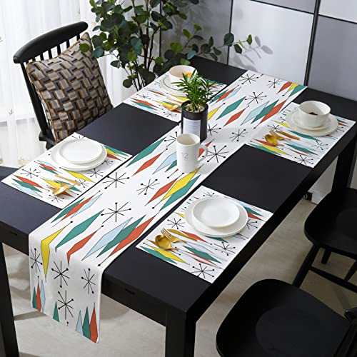 Table Runner And Placemats Set For Dining Table, Vintage Mid Century Style Geometric Diamond Yellow Teal Orange White Cotton And Linen Kitchen Table Mats Sets, (6Pcs Placemats+1 Table Runner) #TOP1