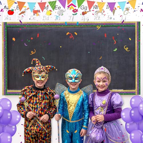 Image of BeYumi Mardi Gras Border Trim - 65ft Mardi Gras Straight Rolled Border Trim Classic Glitter Yellow Purple Green Bulletin Board Set Carnival Holiday Masquerade Party School Classroom Home Wall Decor