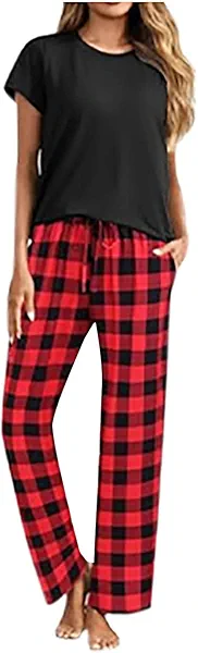 GOFLIC Pajama Sets Women Long Wide Leg Plaid Lounge Pants Set for Women Comfy Womens Pajamas Set 2 Piece Loungewear Black L