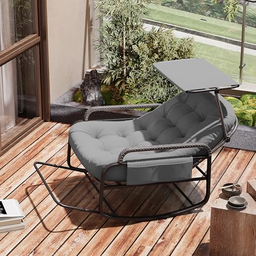 SUNFECILI Mecedora con respaldo ajustable, sillón de ratán con toldo, silla de relax con cojín acolchado y bolsa de almacenamiento, sillón balancín (gris)