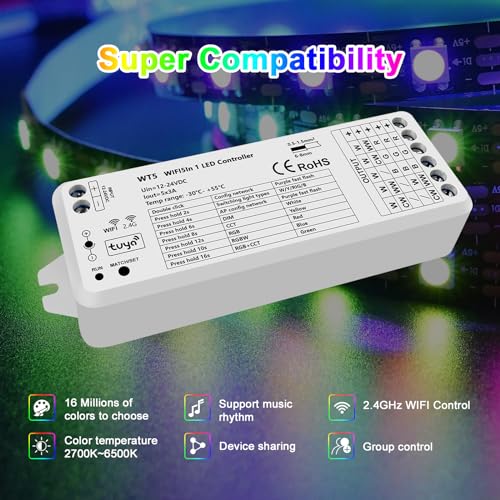 Image of 5in1 WT5 LED Controller WiFi Control 2.4GHz Dimmable CCT RGB RGBW RGBCCT COB LED Strips - Compatible with Tuya App Echo Alexa Google Home Voice Control