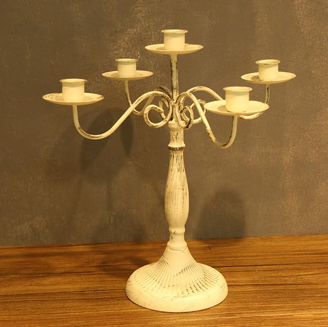 Vintage White 5 Arm Candelabra, 3-Candle Metal Candelabra Candlestick Holders for Taper Candles, Candle Stands for Home Decor, Wedding, Parties, Dining Table Centerpiece (White, 5 Arm Candelabra)