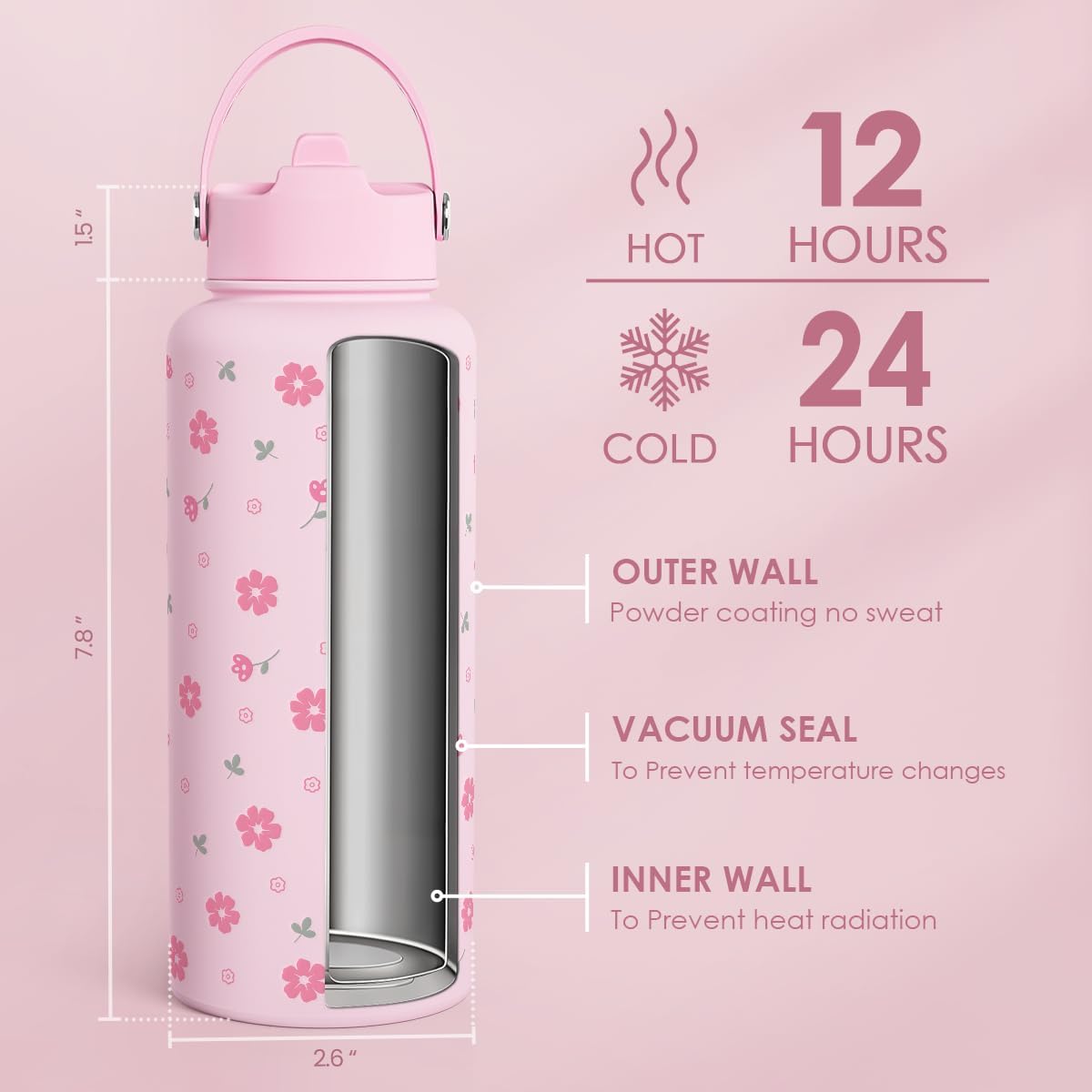 Floral Water Bottle 32oz Stainless Steel with Lid, Insulated Bottles for Women Girls, Gifts Ideas for Birthday Christmas - Image 6