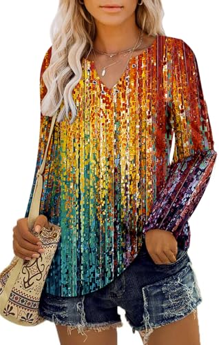 onlypuff V Neck Tops for Women Long Sleeve Shirts Loose Fit Tunic Top Cute Ladies Blouse Fall Fashion Tops3