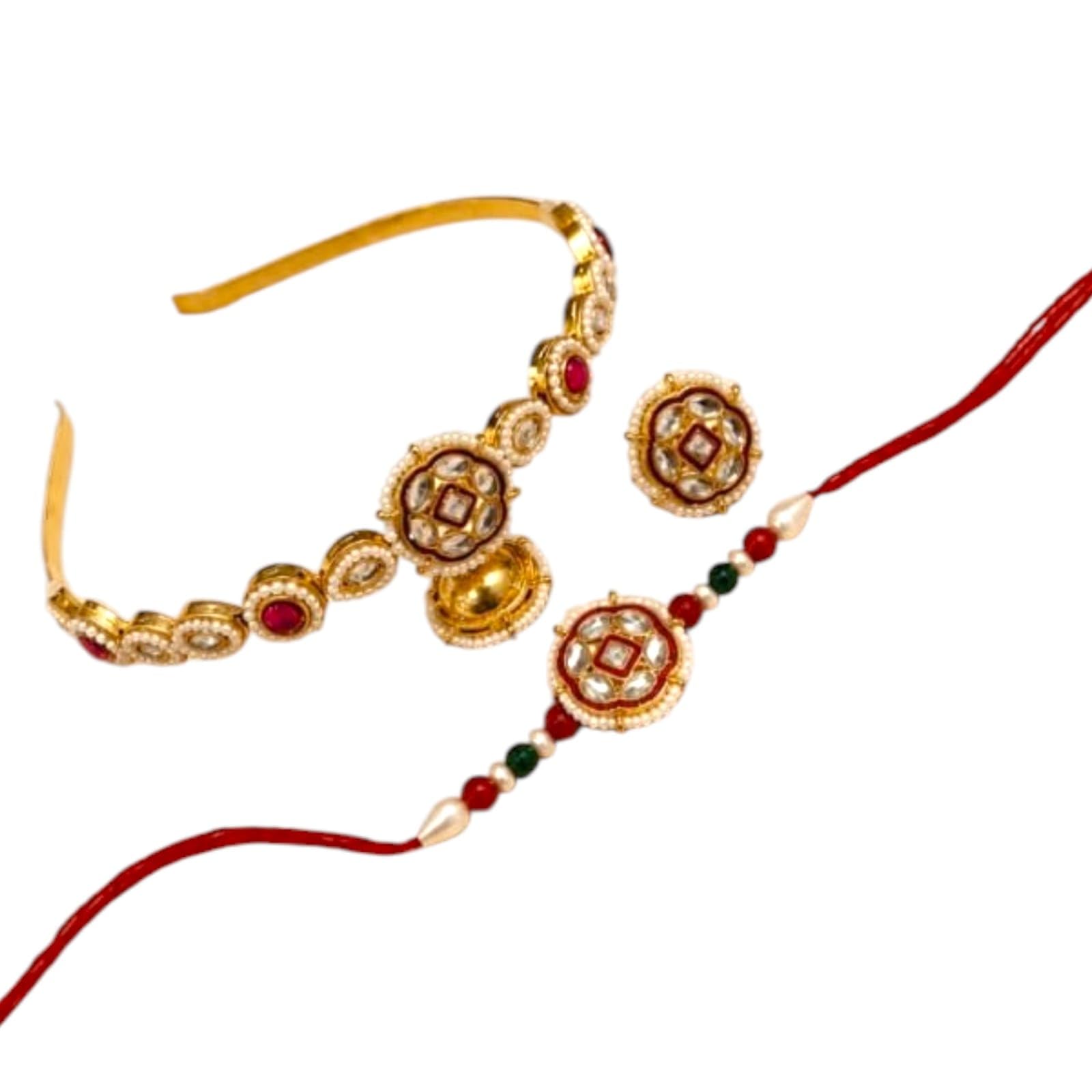 Traditional Rakhi Gift Set for Brother | Kundan Style Sheesh-Patti with Matching Stud rings & Designer Rakhi | Ethnic Gift Combo for Raksha Bandhan-image-27