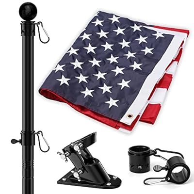 American Flag and Flag Pole for House Outside, 5ft Heavy Duty Flag Pole Kit with 3x5 Embroidered USA Flag, Tangle Free Steel Black Flag Pole with Bracket for Residential, Commercial, Outdoors Garden