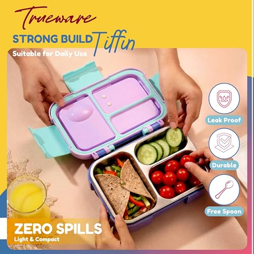 Image of Trueware Galaxy 3 304 Stainless Steel PU Insulated Lunch Box with Three Compartment BPA Free, Food Grade Ideal for School, Picnic, Office & Outdoor - 520ml