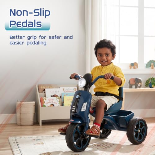 Image of Amazon Brand - Jam & Honey Vespa Basic Kids Tricycle | Scooter Style Trike with Safety Belt & Storage Basket | Sturdy Wheels & Metal Frame | Ride-On for Boys & Girls Age 2+ Years