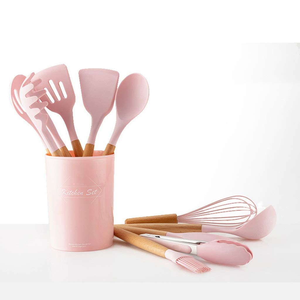 YYDS Koch Utensilien Silikon-Küchenzubehör Set mit Halter Kochgeräte-Satz, 11 PCS Holzgriff Antihaft-Kochgeschirr-Set, Küchenhelfer Utensil, Rosa Kochzubehör