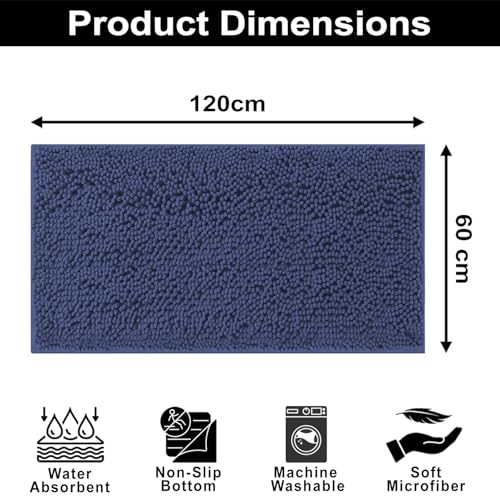 Image of LUXE HOME INTERNATIONAL Shaggy Chenille Bath Mat Extra Soft Super Absorbent Anti Skid Slip Popcorn Door Mats for Home Entrance, Bathroom, Bedroom, Kitchen, Floor Mat (60x120 cm Navy) Pack of 1