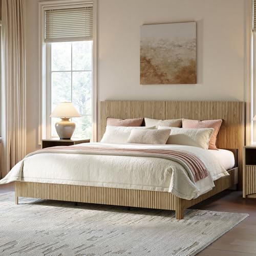 Image of Evermagin Oak King Bed Frame with Headboard, Mid Century Modern Fluted Platform Bed, Boho Wooden Bed Base No Box Spring Needed, Wavy Grooved Panel