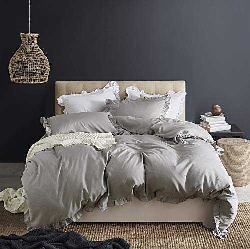 Buedr Ruffle Duvet Cover (Queen, Light Grey) - 3-Piece Set - with Zipper