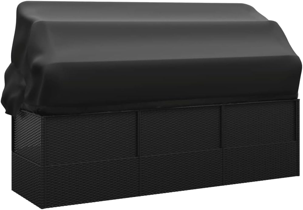 Beach Pool Lounge Camping Chairs daybedsPatio Lounge Bed with Roof and Cushions Black Poly RattanDesigned for Patio, Garden, Outdoor Pool, Camping.