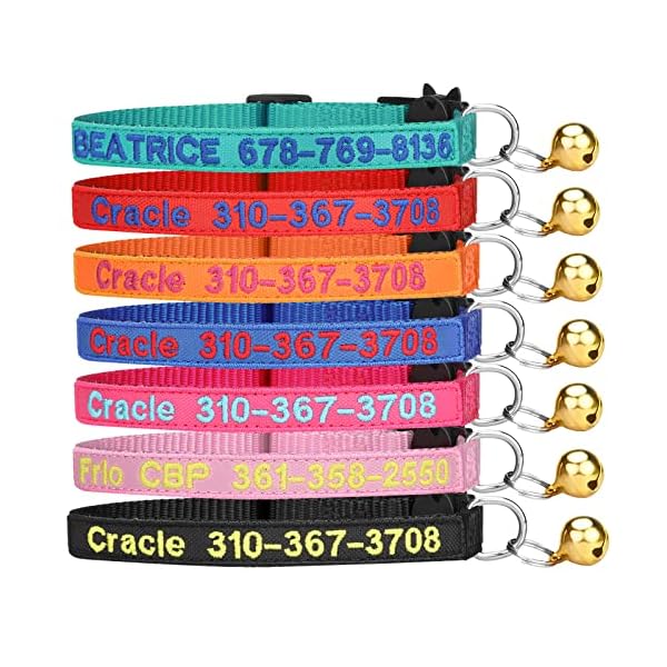 Shangye personalized cat collar, custom embroidered cat collars with with name and phone number, nylon id collar for cat or kitten with breakaway safety release buckle with bell