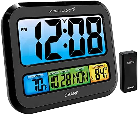 SHARP Atomic Clock with Bright Color Display, Atomic Accuracy, Jumbo 3" Easy to Read Numbers - Indoor/Outdoor Temperature Display with Wireless Outdoor Sensor