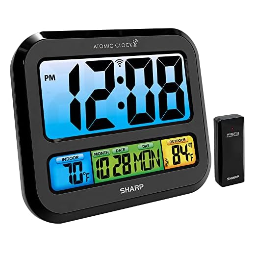 Sharp Atomic Clock with Bright Color Display, Atomic Accuracy, Jumbo 3" Easy to Read Numbers - Indoor/Outdoor Temperature Display with Wireless Outdoor Sensor