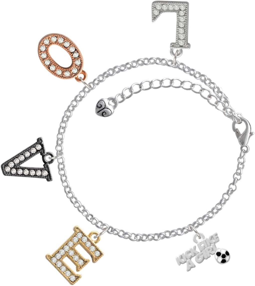 Delight Jewelry Silvertone Kick Like a Girl with Enamel Soccer Ball Multi-Colored Crystal Love Charm Bracelet, 6+2" Extender