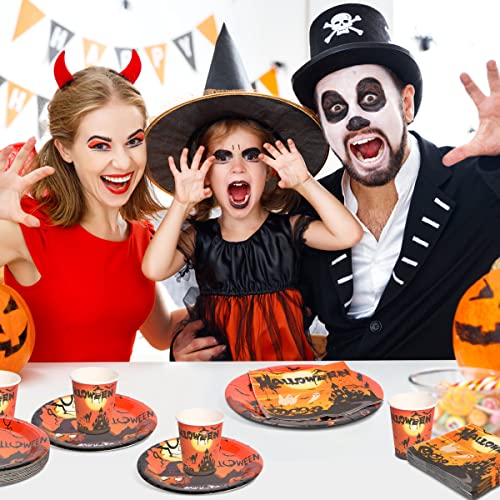 Halloween Party Supplies Tableware Set Serves 24 Guests, 96Pcs Halloween Plates And Napkins, Cups, Disposable Dinnerware Set For Halloweeny Table Centerpieces Decorations #TOP1