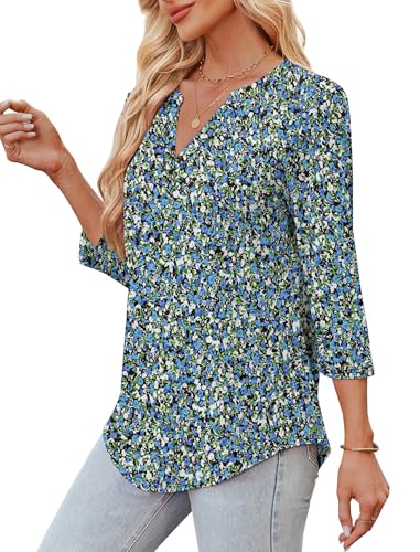 OFEEFAN 3/4 Length Sleeve Womens Tops V Neck Tunic Shirts Loose Curved Hem Blouses Dressy Casual S-3XL4