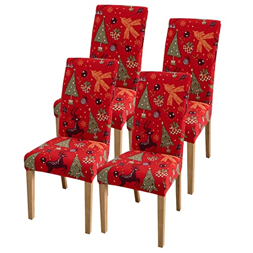 ZCSXK Santa Claus Silla de Comedor Fundas de cojín para sillas de Navidad, con Patrones de Alce, muñecos de Nieve y Copos de Nieve, Fundas de Taburete para Bodas